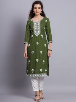 VAIRAGEE - Green Rayon Lucknowi Chikankari Work Straight Kurta