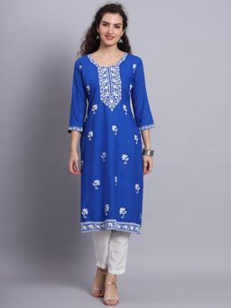 VAIRAGEE - Blue Rayon Lucknowi Chikankari Work Straight Kurta
