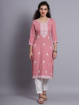 VAIRAGEE - Peach Rayon Lucknowi Chikankari Work Straight Kurta