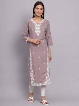 VAIRAGEE - Grey Rayon Lucknowi Chikankari Work Straight Kurta