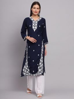VAIRAGEE - Blue Rayon Lucknowi Chikankari Work Straight Kurta