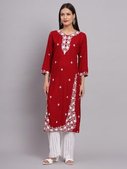 VAIRAGEE - Red Rayon Lucknowi Chikankari Work Straight Kurta