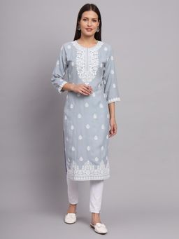 VAIRAGEE - Grey Rayon Lucknowi Chikankari Work Straight Kurta