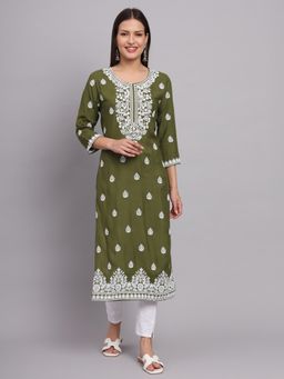VAIRAGEE - Green Rayon Lucknowi Chikankari Work Straight Kurta