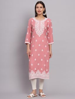 VAIRAGEE - Peach Rayon Lucknowi Chikankari Work Straight Kurta