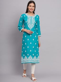 VAIRAGEE - Turquoise Rayon Lucknowi Chikankari Work Straight Kurta