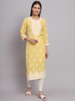 VAIRAGEE - Yellow Rayon Lucknowi Chikankari Work Straight Kurta