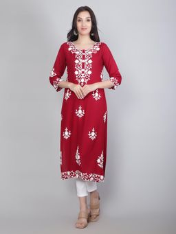 VAIRAGEE - Red Rayon Lucknowi Chikankari Work Straight Kurta