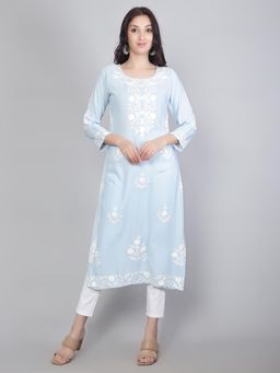 VAIRAGEE - Blue Rayon Lucknowi Chikankari Work Straight Kurta