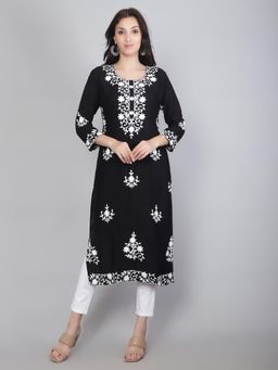 VAIRAGEE - Black Rayon Lucknowi Chikankari Work Straight Kurta