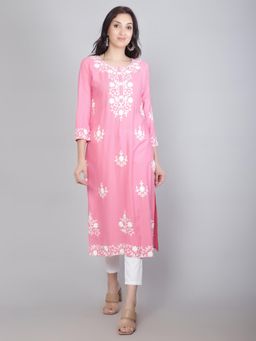 VAIRAGEE - Pink Rayon Lucknowi Chikankari Work Straight Kurta