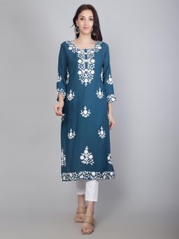 VAIRAGEE - Teal Rayon Lucknowi Chikankari Work Straight Kurta