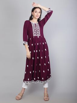VAIRAGEE - Purple Rayon Lucknowi Chikankari Work Round Kurta
