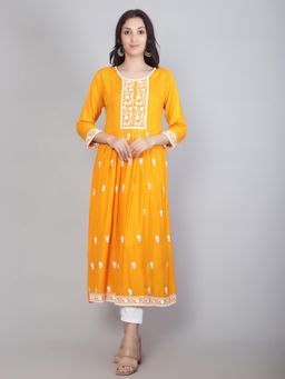 VAIRAGEE - Yellow Rayon Lucknowi Chikankari Work Round Kurta