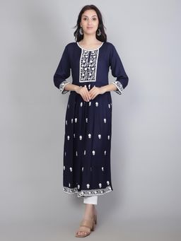 VAIRAGEE - Navy Blue Rayon Lucknowi Chikankari Work Round Kurta