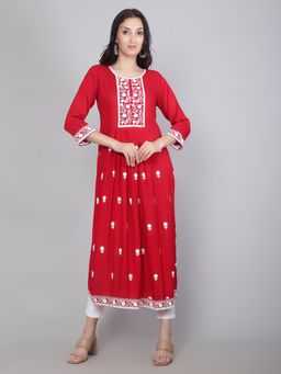 VAIRAGEE - Red Rayon Lucknowi Chikankari Work Round Kurta