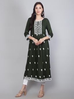 VAIRAGEE - Green Rayon Lucknowi Chikankari Work Round Kurta