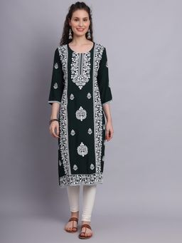 VAIRAGEE - Green Rayon Lucknowi Chikankari Work Straigh Kurta