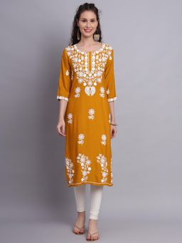 VAIRAGEE - Mustard Rayon Lucknowi Chikankari Work Straigh Kurta