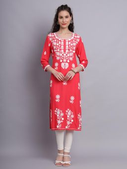VAIRAGEE - Peach Rayon Lucknowi Chikankari Work Straigh Kurta