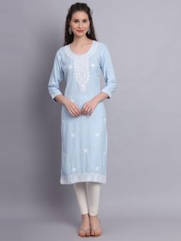 VAIRAGEE - Blue Rayon Lucknowi Chikankari Work Straigh Kurta
