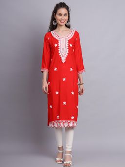 VAIRAGEE - Red Rayon Lucknowi Chikankari Work Straigh Kurta