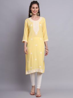 VAIRAGEE - Yellow Rayon Lucknowi Chikankari Work Straigh Kurta