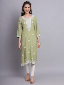 VAIRAGEE - Olive Rayon Lucknowi Chikankari Work Straigh Kurta