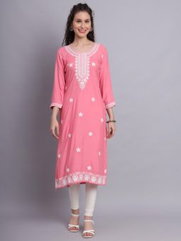 VAIRAGEE - Pink Rayon Lucknowi Chikankari Work Straigh Kurta