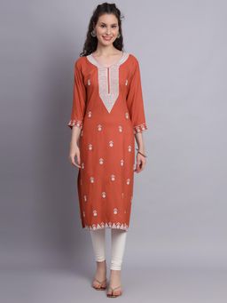 VAIRAGEE - Orange Rayon Lucknowi Chikankari Work Straigh Kurta