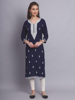 VAIRAGEE - Navy Blue Rayon Lucknowi Chikankari Work Straigh Kurta