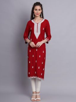 VAIRAGEE - Red Rayon Lucknowi Chikankari Work Straigh Kurta