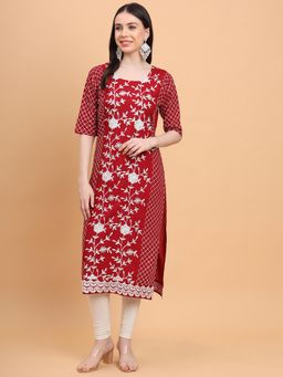 VAIRAGEE - Red Rayon Lucknowi Chikankari Work Straight Kurta