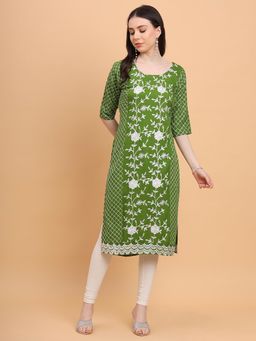 VAIRAGEE - Green Rayon Lucknowi Chikankari Work Straight Kurta