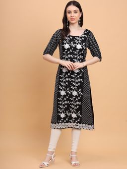 VAIRAGEE - Black Rayon Lucknowi Chikankari Work Straight Kurta