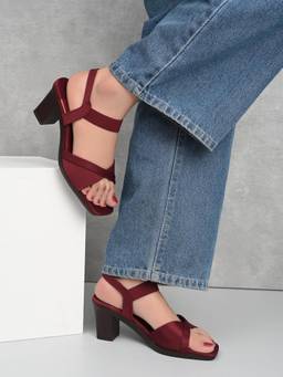 XE Looks - Wine Women's Cross Strap Block Heel Sandals with Ankle Strap