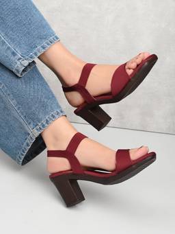 XE Looks - Wine Women's Open Toe Block Heel Sandals with Elastic Ankle Strap