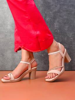 XE Looks - Beige Women's Sultan Block Heel Sandals with Elastic Ankle Strap