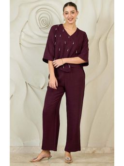 AAREIN - Women Maroon Linen Embellished Co-Ord Set