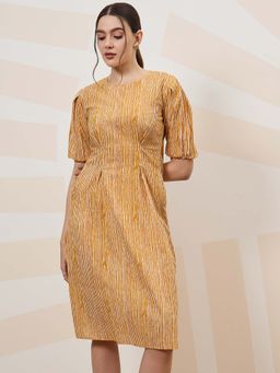 AAREIN - Yellow Striped Puff Sleeves Cotton A-Line Dress