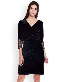 AAREIN - Black Solid Velvet Finish Wrap Dress