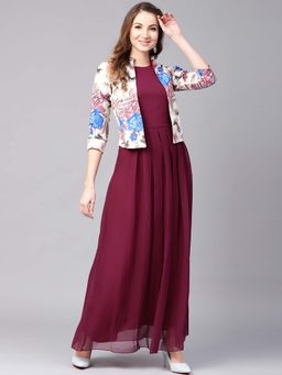 AAREIN - Burgundy Mandarin Collar Floral Detail Maxi Dress