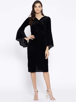 AAREIN - Black Solid Velvet Finish Wrap Dress