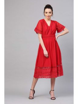 AAREIN - Red Solid A-Line V-Neck Dress