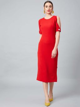 AAREIN - Red Solid Sheath Sleeve Cut Out Dress