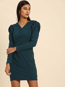 AAREIN - Green Puff Sleeves Bodycon Dress