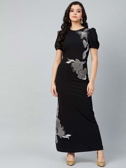 AAREIN - Black Embroidered Puff Sleeve Sheath Maxi Dress