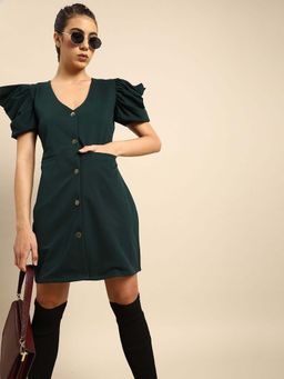 AAREIN - Women Green Solid Sheath Dress with Puff Sleeve