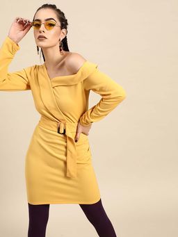 AAREIN - Yellow Solid Street Style Blazer Dress with Belt