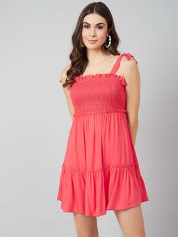 AAREIN - Coral Solid Fit and Flare Tiered Dress